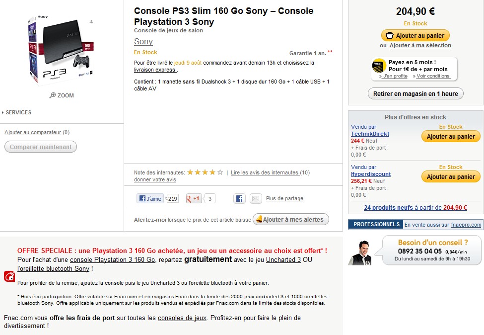 La Playstation PS3 SLIM 160 Go + Manette Dual Shock à 204,90 euros (frais de port inclus) plus au choix jeu Uncharted 3 ou l’oreillette bluetooth GRATUIT