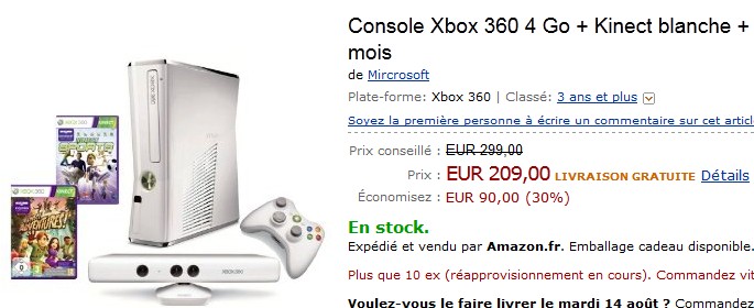 SUPER PRIX ! la Console Xbox 360 4 Go + Kinect blanche + Kinect Sports + Kinect adventures ! + Carte Xbox Live 3 mois à seulement 209 euros