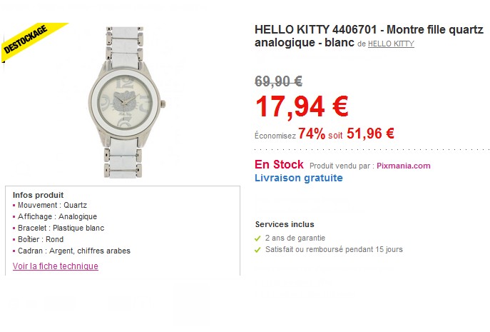 Montre fille Hello Kitty a 17,74 euros au lieu de 69,90 euros (70% de réduction)! Déstockage