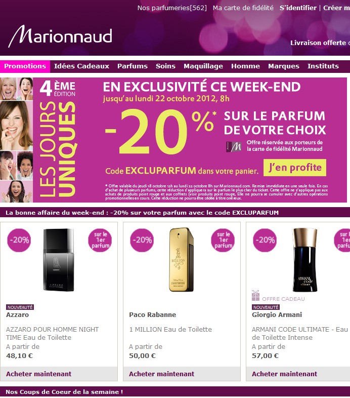 CODE PROMO Marionnaud -20% sur le parfum de votre choix jusqu’au 22 octobre (matin 8h)