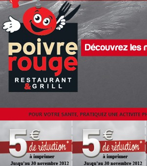 COUPON Poivre Rouge Restaurant Grill ! 5 euros de réduction immédiate sur l’addition