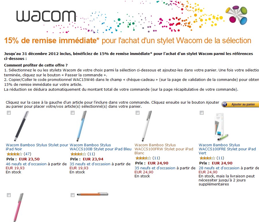 15% de réduction immédiate sur l’achat d’un stylet iPad/tablette Wacom