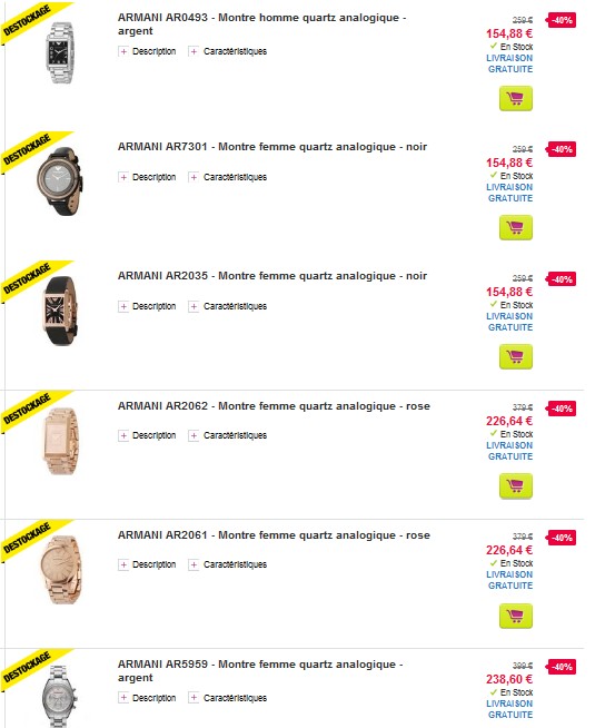 Déstockage Montres Armani à moins 40%