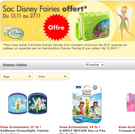 Un sac Fée Clochette Disney gratuit (valeur 12,99 euros) pour 25 euros d’achat de produits Disney Fairies