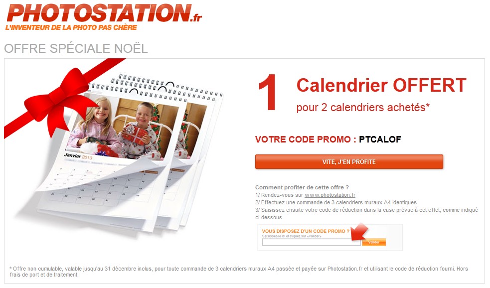 2 calendriers photo achetés = 1 gratuit chez PHOTOSTATION