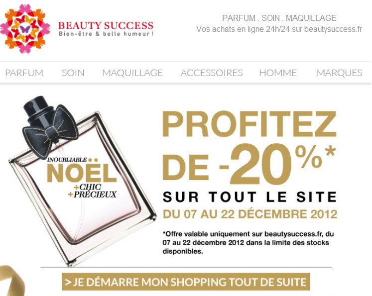 20% de réduction immédiate sur tout le site Beauty Success (Parfums, Cosmetiques…)