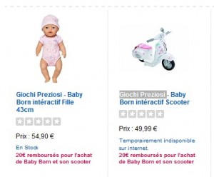 Baby Born interactif + Baby Born Scooter qui reviennent à 84,89 euros (après remboursement de 20 euros)