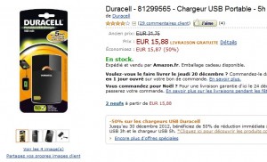 MOITIE PRIX ! Chargeur USB Portable Duracell 1800 mAh pour 15,88 euros (livraison gratuite) 