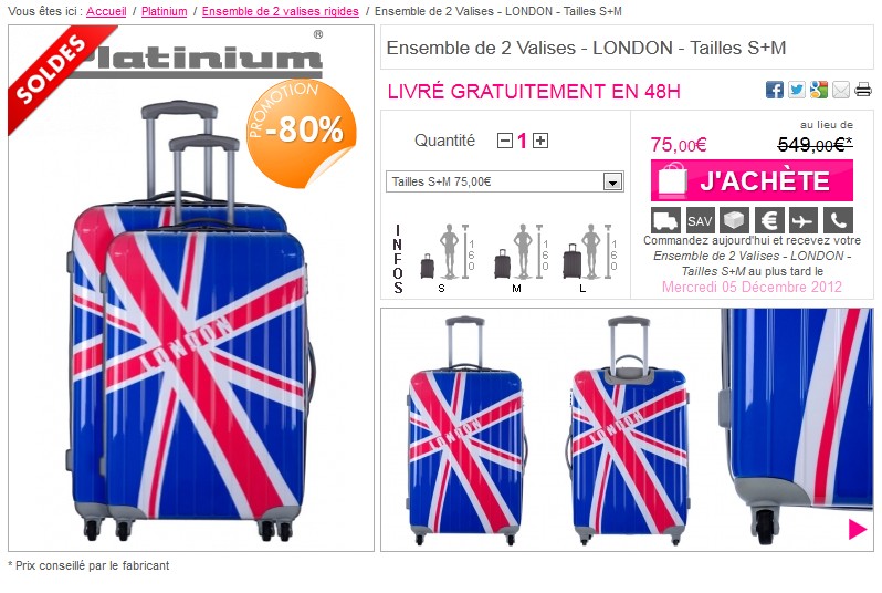 Vente 24h MOINS 80% ! Ensemble de 2 Valises Rigides(Tailles S+M) LONDON à seulement 75 euros (port inclus) au lieu de 549 euros !