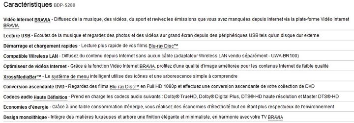 Caracteristiques lecteur blu-ray sony BDP-S280