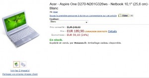 Netbook Acer Aspire One 10,1" (Intel Atom, 320 Go, Windows 7) blanc ou noir à seulement 189,90 euros (port inclus)