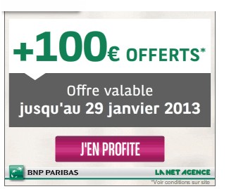 Offre spéciale 100 euros offerts pour l’ouverture d’un compte Agence en Ligne BNP Paribas (200 sur compte joint) + frais bancaire gratuit pendant 1 an