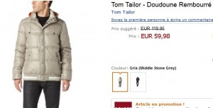 Soldes Doudoune Tom Tailor à 59,98 euros (port inclus) au lieu de 119 euros