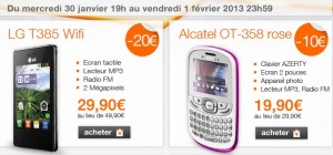 Vente flash téléphone sans engagement (mobicarte) LG T385 Wi-fi à 29,99 euros et Alcatel OT 358 Rose à 19,99 euros jusqu’à vendredi