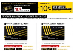 10 euros la carte adhèrent FNAC 3 ans au lieu de 30 euros