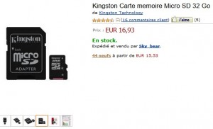 16,93 euros la carte Micro SD 32 Go Kingston livrée