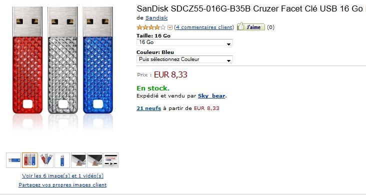 8,33 euros la Clé USB 16Go SanDisk (port inclus)