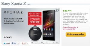 Sony XPERIA Z en précommande + gratuit enceinte Bluetooth Sony SRS-BTV5