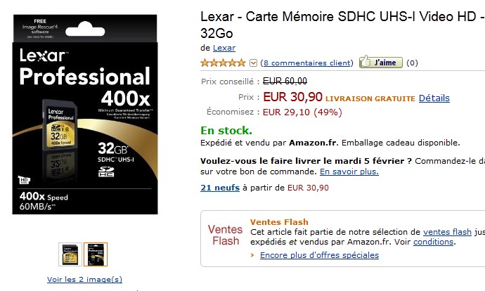 Vente Flash Carte Mémoire SDHC 32go, classe 10, pro x400, UHS-I Lexar a seulement 30,90 euros au lieu d’une cinquantaine d’euros.