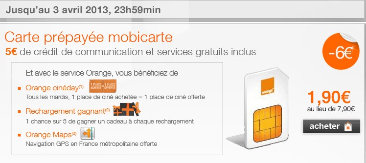 Carte SIM prépayée Mobicarte 1,90 euro au lieu de 7,90 euro (+ 2 places de ciné pour le prix 1 le mardi) ! VENTE FLASH