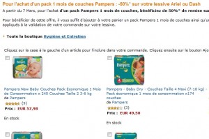 1 pack un mois de couches Pampers acheté = moins 50%  sur lessive Ariel ou Dash