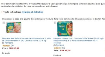 1 pack un mois de couches Pampers acheté = moins 50% sur lessive Ariel ou Dash