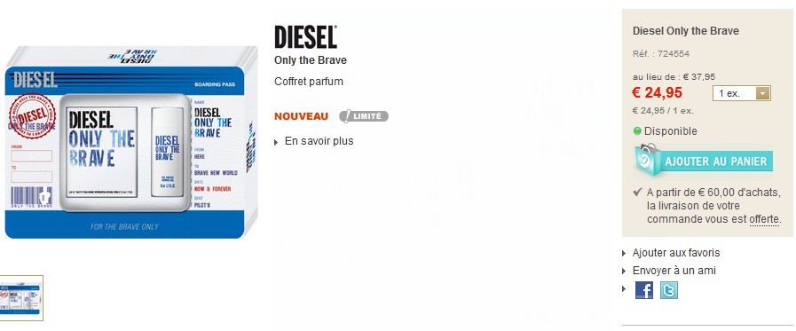 24,95 euros Coffret Diesel Eau de Toilette Only the brave homme + gel douche