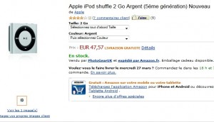 47,57 euros l’iPod Shuffle 2Go Argent Apple (5eme Generation)