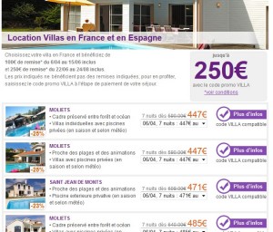 Code promo 100 et 250 euros de réductions sur location d’une villa