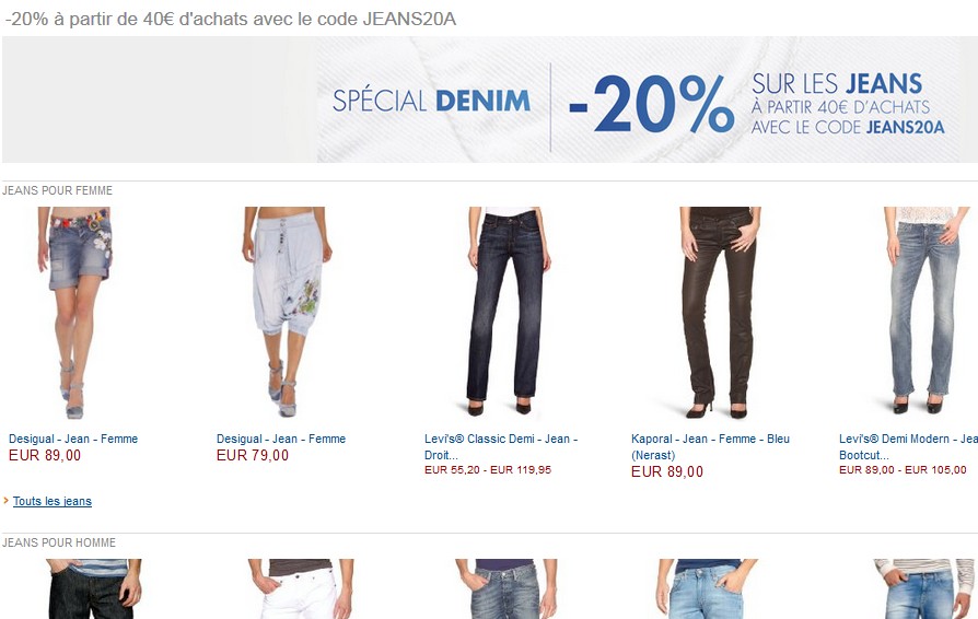Code promo Amazon : -20% sur les jeans (à partir de 40 euros d’achats)