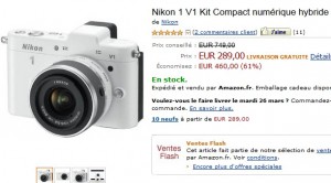 Vente Flash : Kit Compact numérique hybride Nikon 1 V1 + objectif Nikkor 10-30 mm a seulement 289 euros