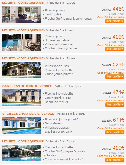 Code promo 100 et 250 euros de réductions sur location d’une villa en France ou Espagne