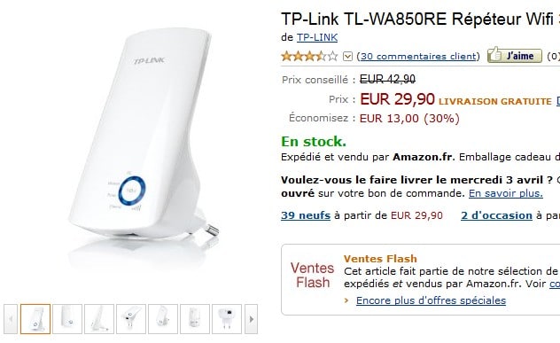 29,90 euros Répéteur Wi-Fi TP-Link 300Mbps – port inclus – ENCORE DISPO