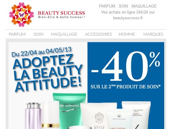 Beauty Success moins 40% sur le 2eme produit de soin acheté