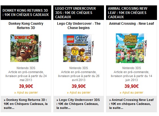 Précommande jeu 3DS = 10 euros en chèque cadeau (Donkey Kong Returns, Lego city ou Animal Crossing)