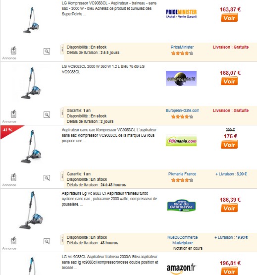 Comparatif prix  aspirateur sans sac LG Kompressor Urban