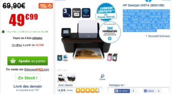 39,90 euros Imprimante multifonction Wi-fi HP Deskjet 3057A (après ODR 10 euros)