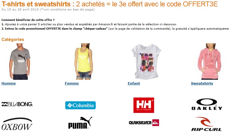 2 T-shirts, pulls ou vestes achetés = le 3eme gratuit (code promo Amazon)