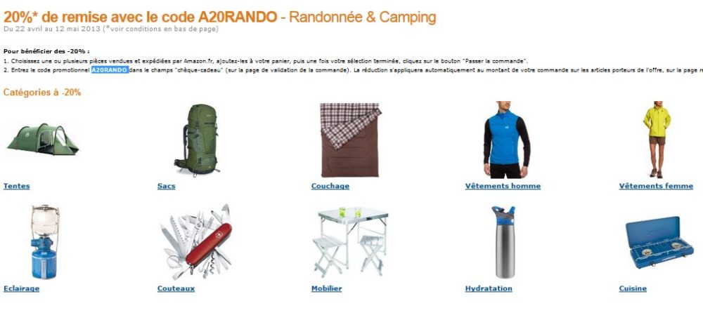 Code Promo ! Moins 20% sur Randonnée & Camping Amazon