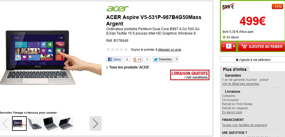 Promo 499 euros ordinateur portable écran tactile ACER Aspire V5-531P (15,6 pouces, Windows8, Dual Core B987 )