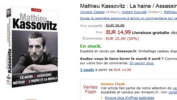 14,99 euros le Coffret 4 DVD Mathieu Kassovitz : La haine / Assassins / Métisse / L’ordre et la moral