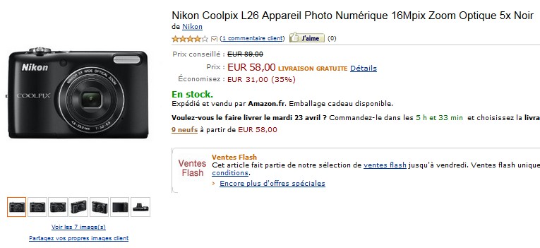 38 euros ! Appareil Photo Nikon Coolpix L26 16Mpix