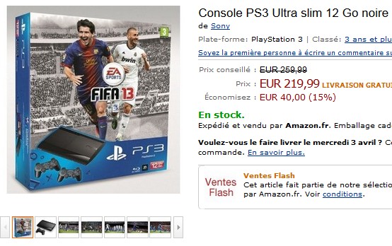 Vente Flash 219, 99 euros le pack PS3 Ultra slim 12 Go + 2 manettes Dual Shock 3 + Fifa 2013