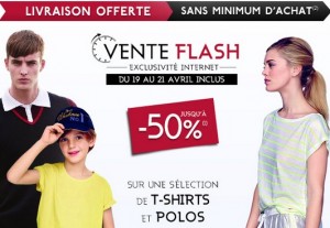 3 jours de vente flash de T-shirts et Polos sur le site des Galeries Lafayette. Du 19 au 21 avril un grand nombre de t-shirts et polos pour Hommes, Femmes et Enfants sont à prix réduits (jusqu’à moins 50%). Livraison gratuite en relais sans minimum d’achat. La vente flash se trouve ici