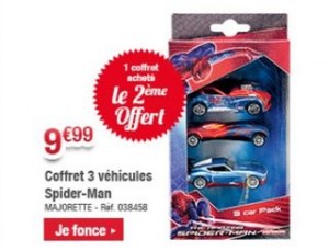 1 coffret 3 voitures Majorette Spiderman acheté = 1 gratuit.