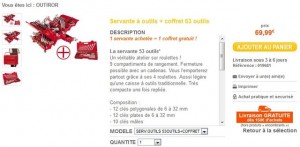 Moins de 70 euros la servante 53 outils + coffret 63 outils gratuits (livraison gratuite) 