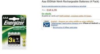 Moins de 7 euros les 4 Piles rechargeable AAA Energizer 850 Mah (port inclus / 14-20 euros ailleurs)