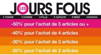 KIABI : 5 articles achetés = moins 50% (4= -40% / 3+ -30% / 2= -20%)