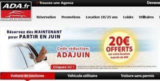 20 ou 40 euros offerts sur la location du voiture ADA