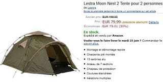 Vente flash tente 2 personnes Lestra Moon Nest2